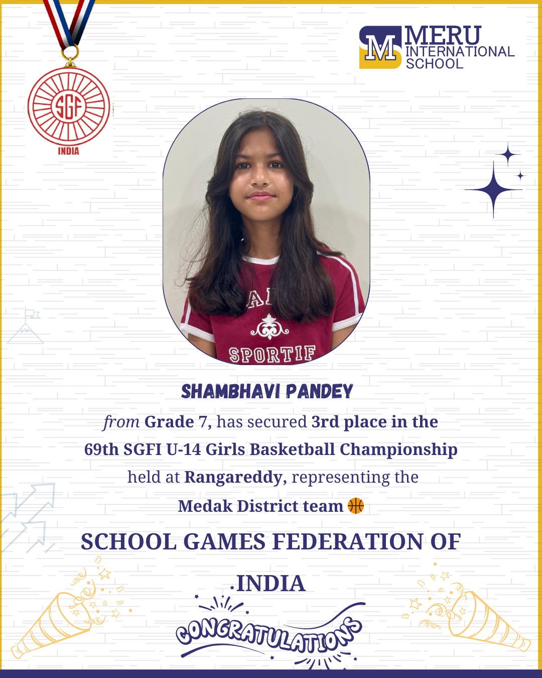 Shambhavi Pandey secures 3rd place at the 69th SGFI U-14 Girls Basketball Championship